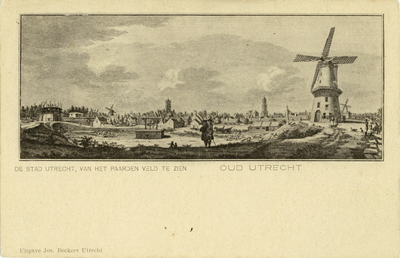 603357 Profiel van de stad Utrecht gezien uit het noordwesten, vanaf het Paardenveld, met links de molen Rijn en Zon in ...